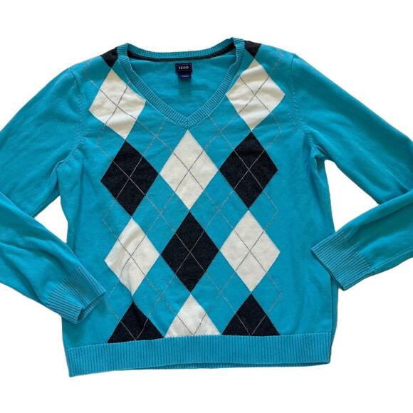 IZOD Cotton Argyle Long Sleeve V-Neck Sweater, Blue, Black, Ivory, Preppy XL - Picture 1 of 8